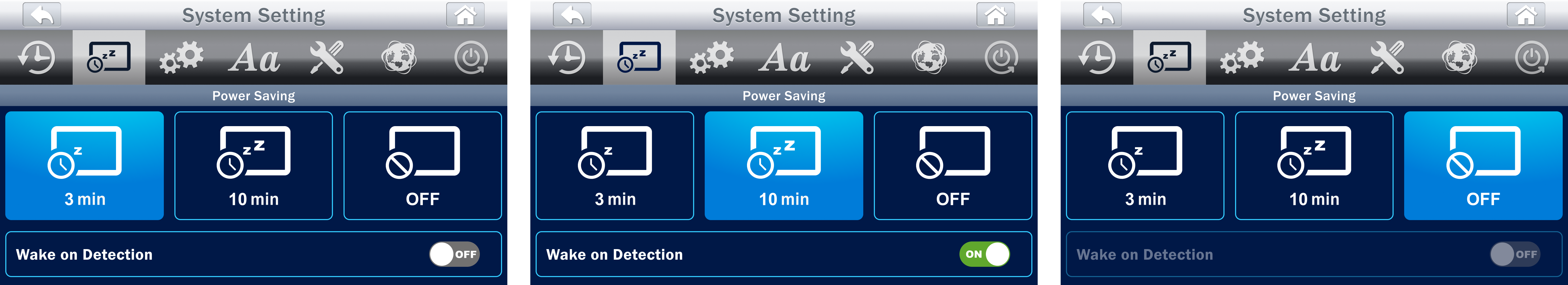 Power Saving & Wake on Detection flow — 3 min / 10 min / OFF states