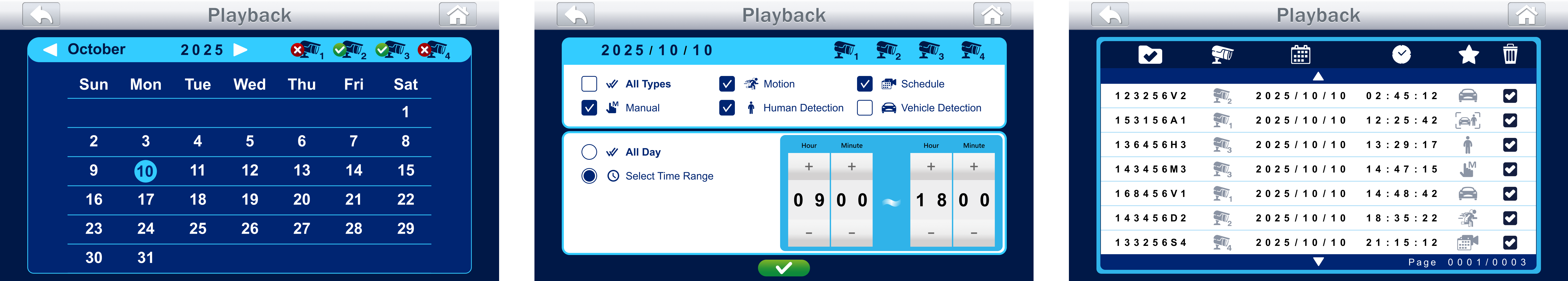 Playback Event Type Filter — Date Filter / Time Range / File List